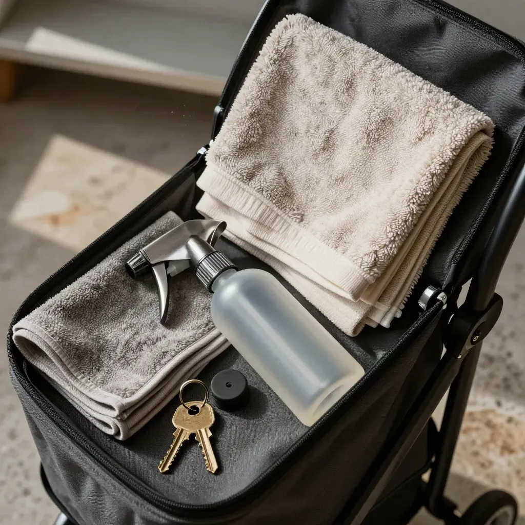 Top-down service caddy with cloths, spray bottle, doorstop and keys on stone.