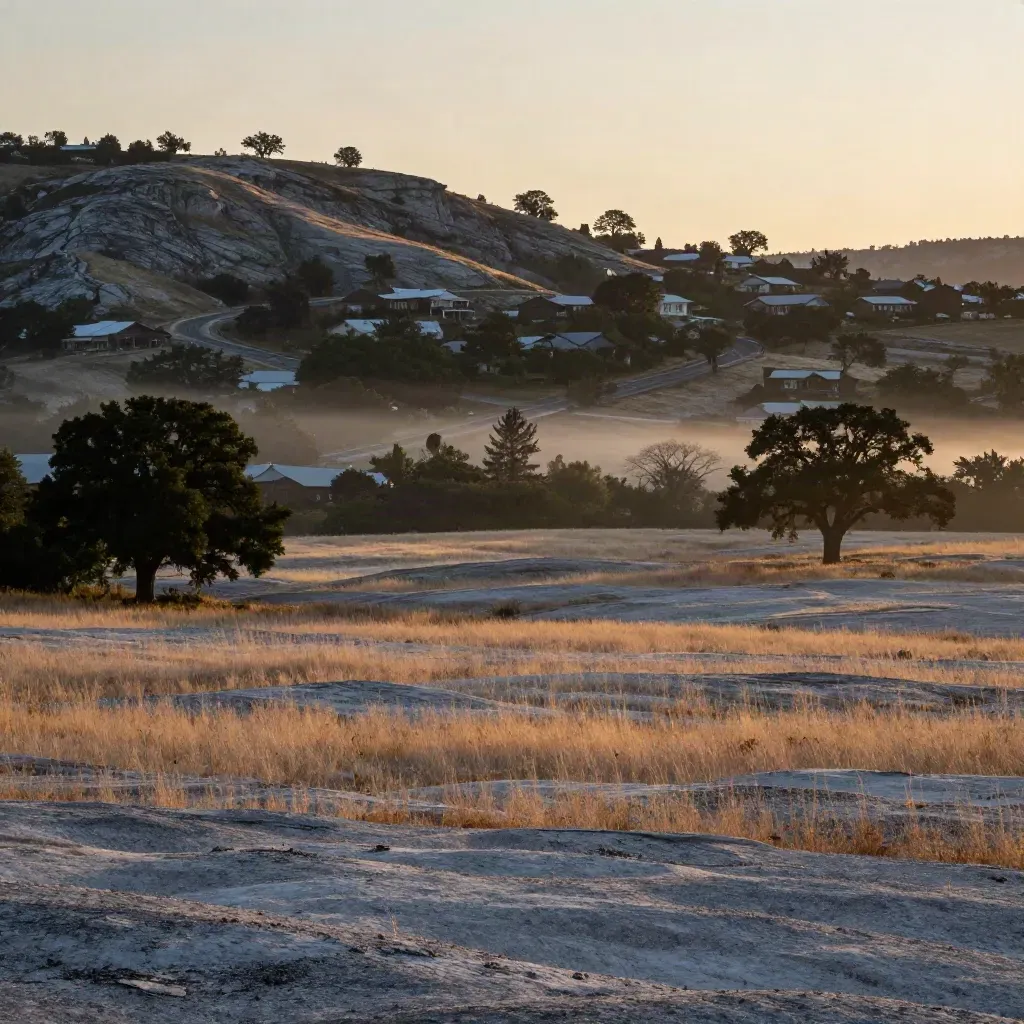 Sunrise over North Austin hill-country edges with limestone rise, cedar-green homes, misty roads
