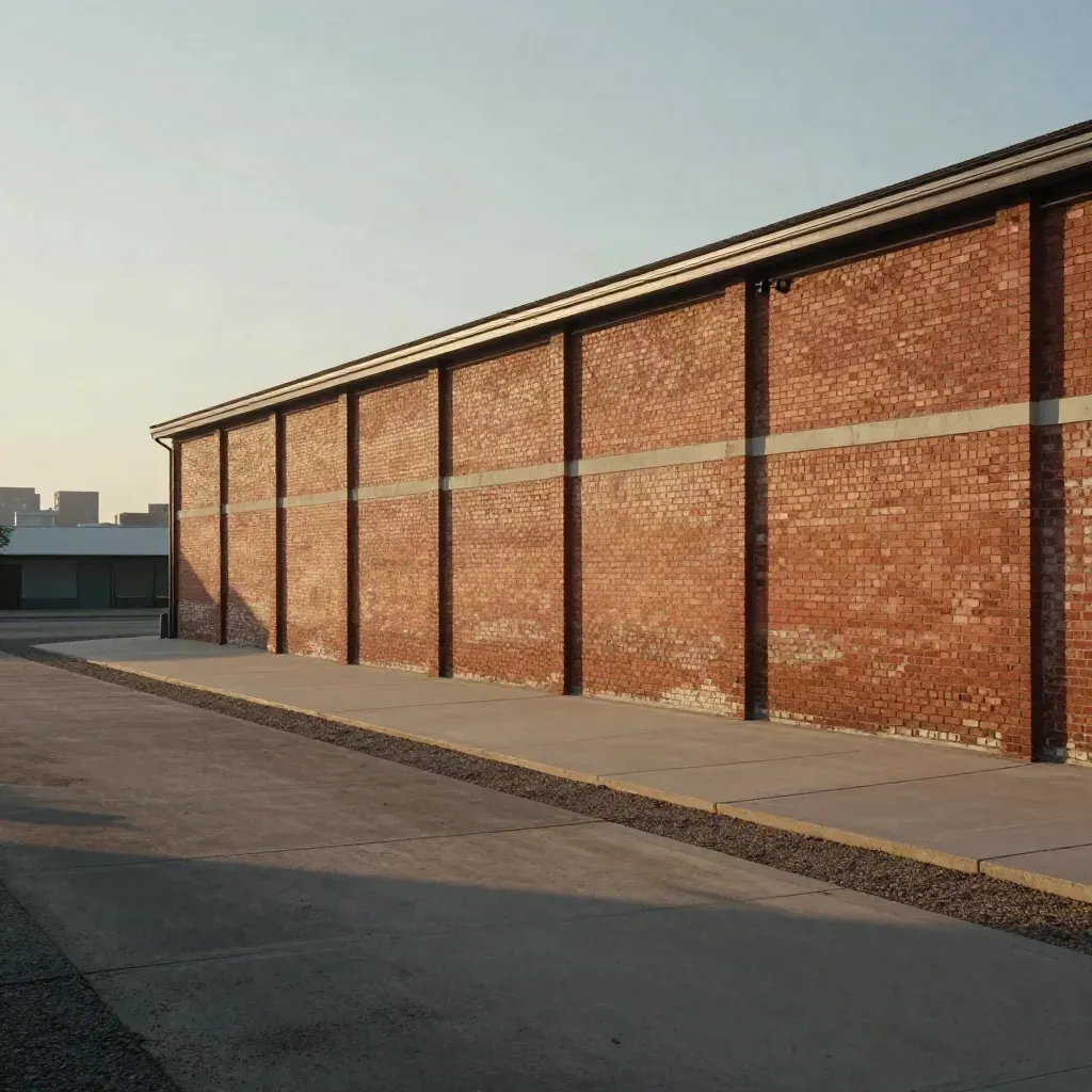 East Austin brick warehouse edge above a calm concrete apron and rail texture under hazy sky.