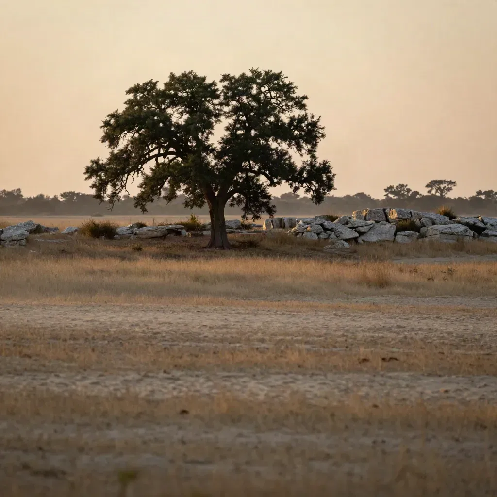 South Austin greenbelt at dusk with live oaks, hills, haze, and open fields