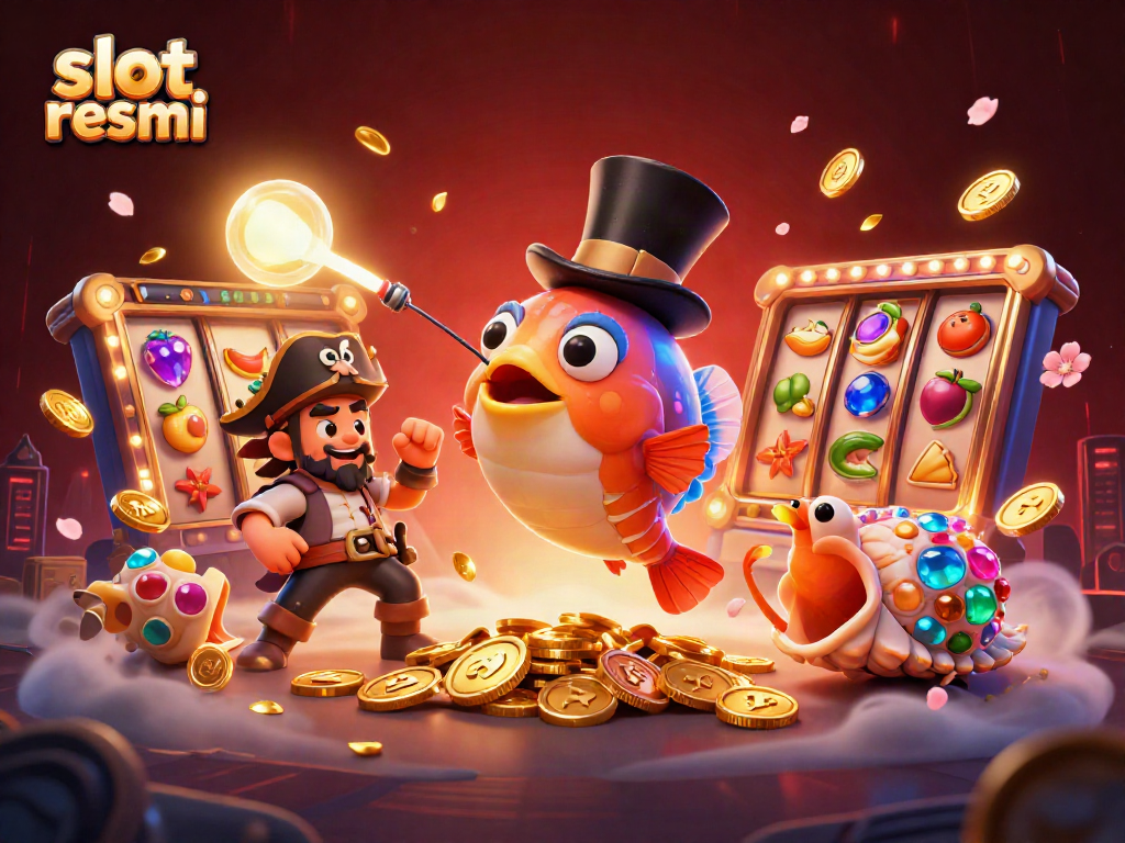 Play thrilling slot resmi games with an anglerfish and pirate shrimp in a vibrant casino scene.