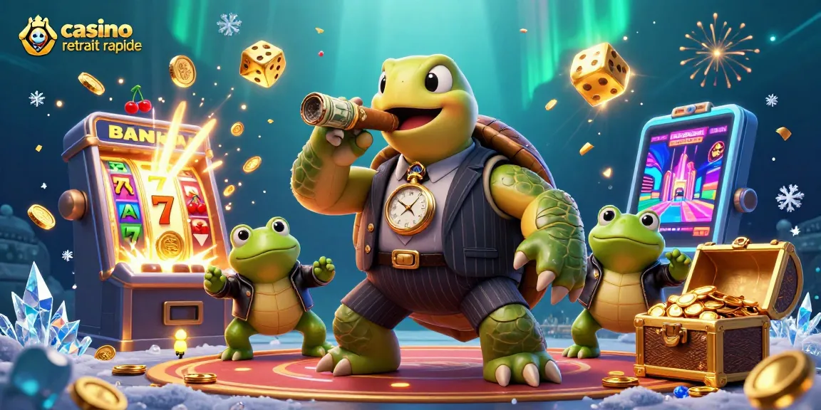 Casino retrait rapide : Scène dynamique avec une tortue cartoon et des grenouilles de casino illuminées
