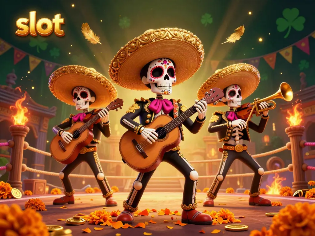 Engage with vibrant slot-themed, Mariachi band illustration packed with casino elements.
