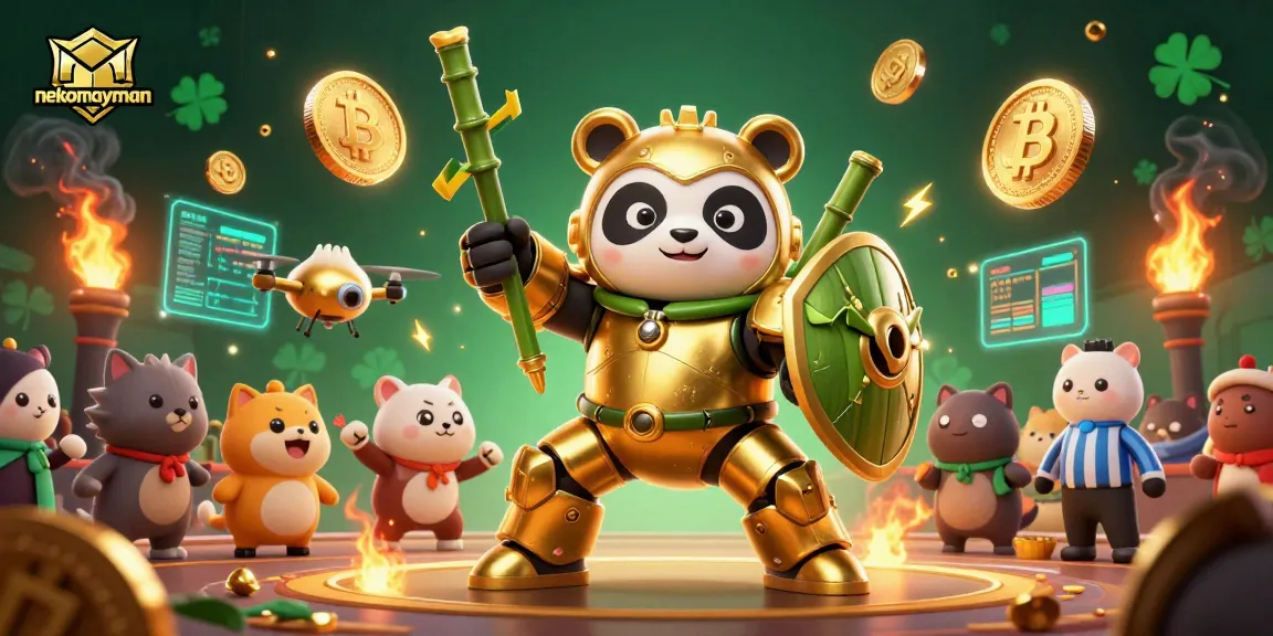 Experience the luck of nekomayman in a vibrant casino-themed battle scene with golden panda and crypto elements.