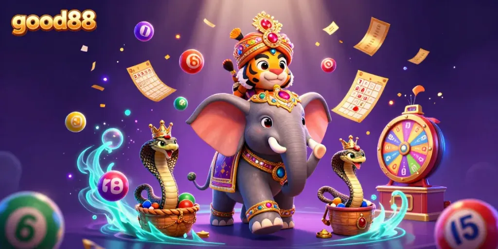 Experience the excitement of good88 with a vibrant casino scene featuring a jeweled elephant and colorful lottery elements.
