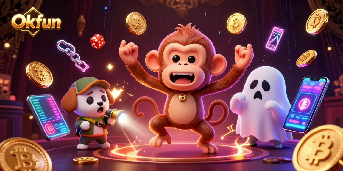 Engage in thrilling gaming at Okfun with a mischievous poltergeist monkey and a curious puppy amidst a vibrant casino.
