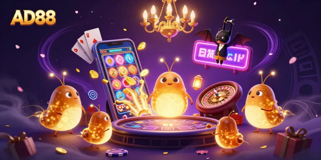AD88 glowworms illuminate a lively casino scene with vibrant gaming elements.
