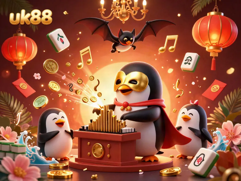 Experience excitement at UK88 with a whimsical penguin organist amidst enchanting casino elements.