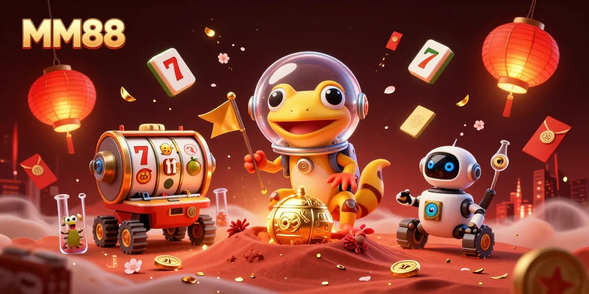 Experience MM88's dynamic gaming with a cartoon Martian gecko in a golden casino scene.