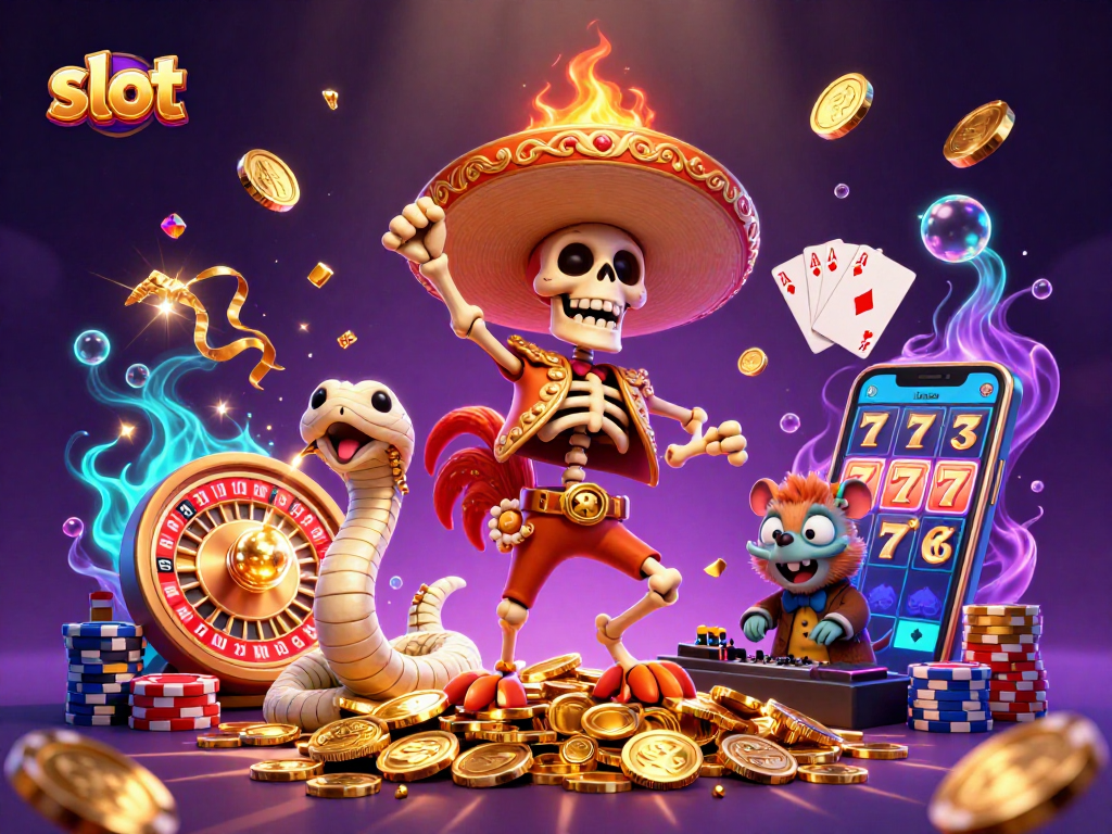 Spin the slot reels with exciting characters in this vibrant casino illustration.