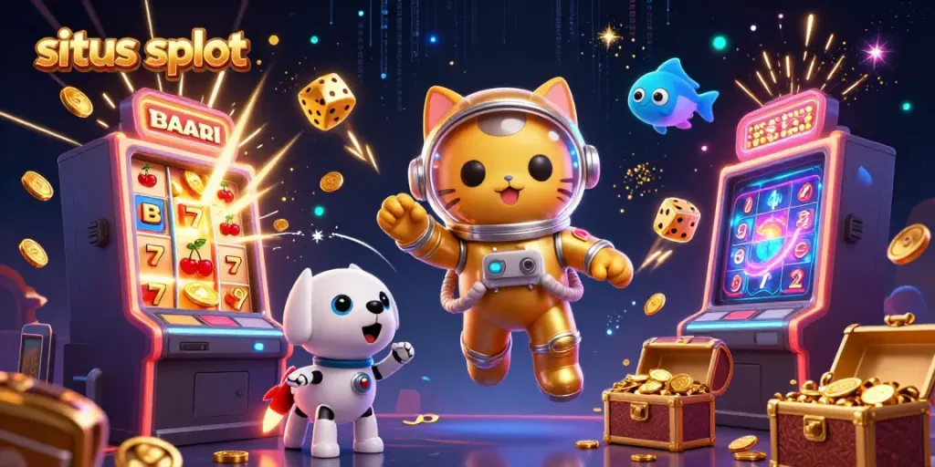 Gambarkan keseruan permainan slot situs slot dengan astronot kucing dan robot anjing di luar angkasa