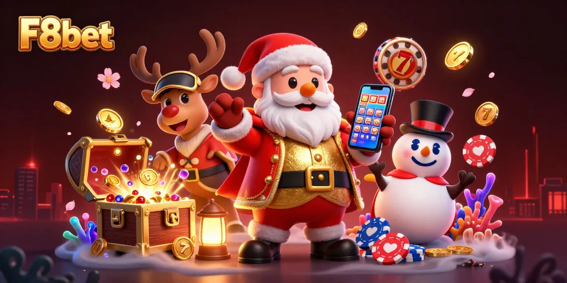 Experience the excitement of F8bet with Santa Claus and friends in a vibrant casino setting.