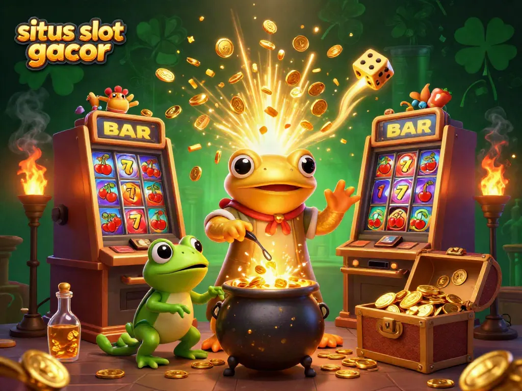 Menang dalam permainan situs slot gacor dengan ilustrasi alkemis dan simbol keberuntungan.
