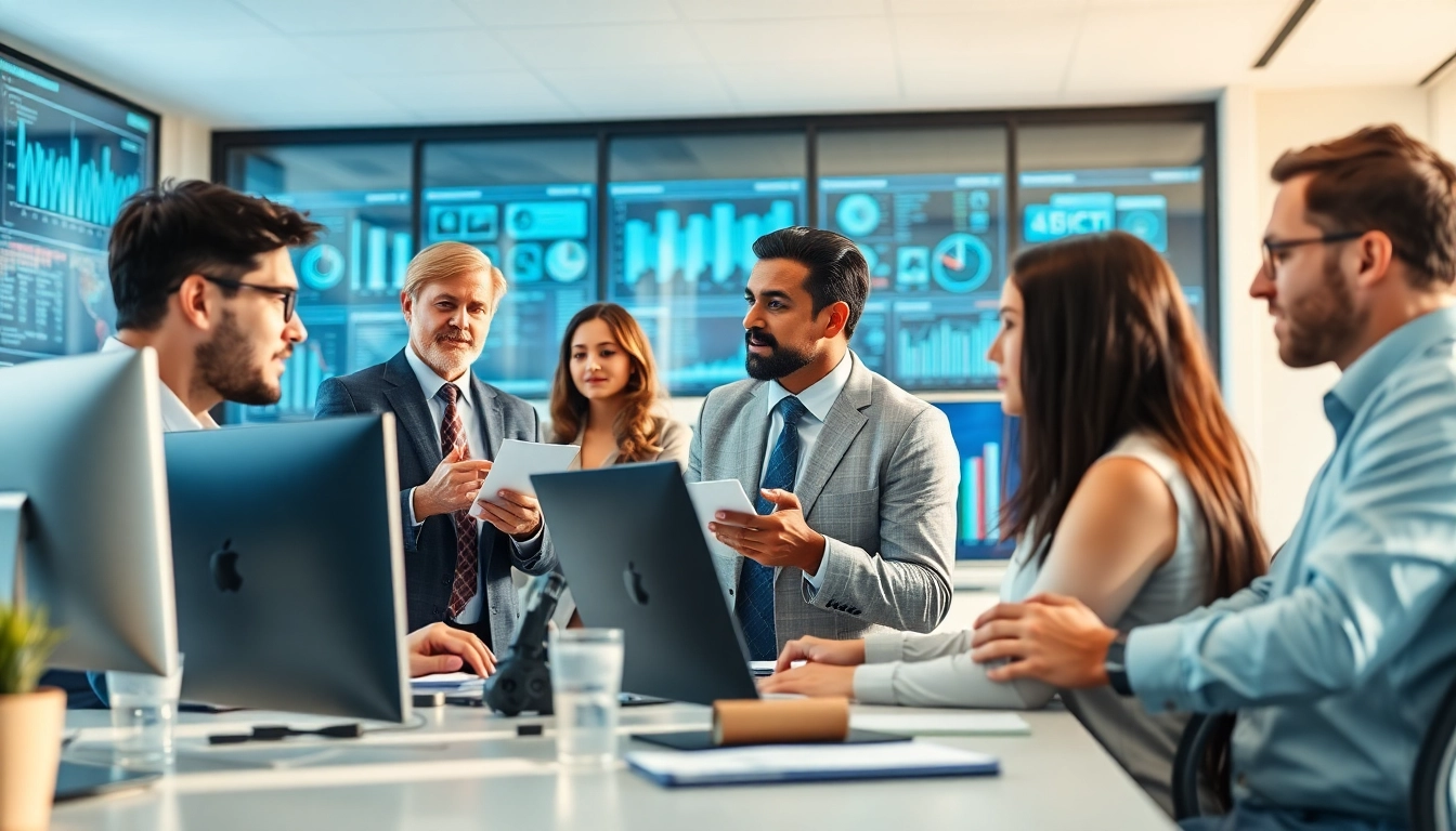 AI agents actively collaborating in a futuristic office environment.