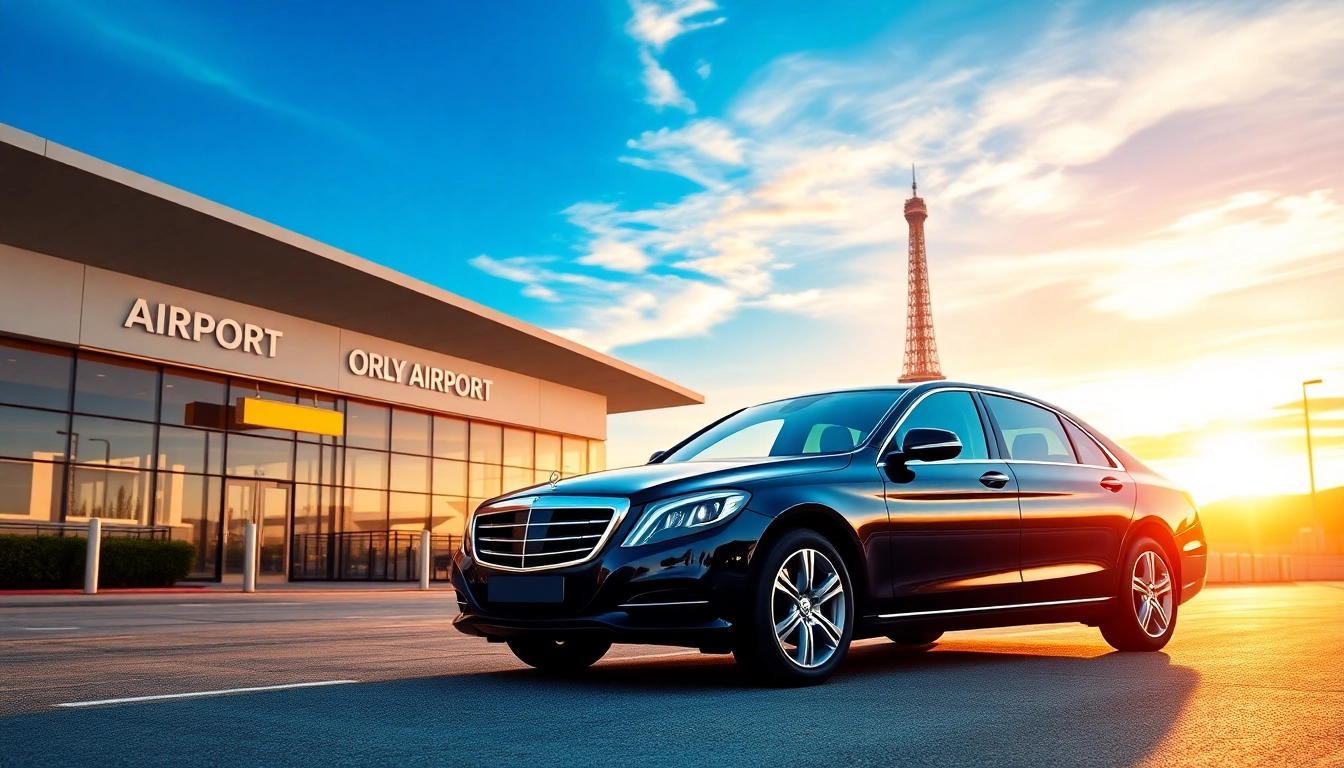 Book an Orly Airport to Paris Transfer with a sleek vehicle in front of iconic Paris landmarks.