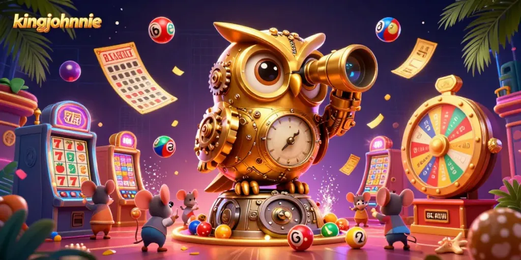Experience the excitement of kingjohnnie casino with vibrant characters, including a golden owl and lively slot machines.