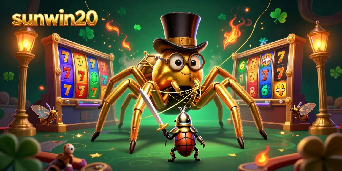 Experience excitement with sunwin20, featuring a giant golden tarantula and beetle knight amidst vibrant slot machines.