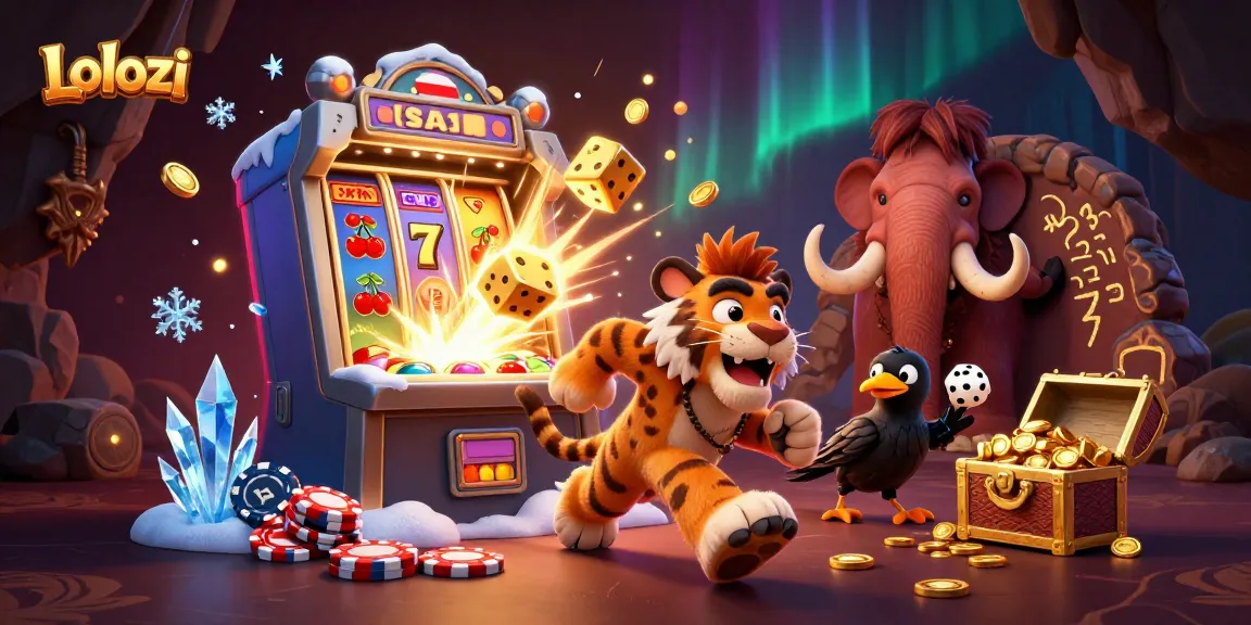 Lolozi enhances gameplay with caveman and sabertooth duo in a vibrant prehistoric casino scene.