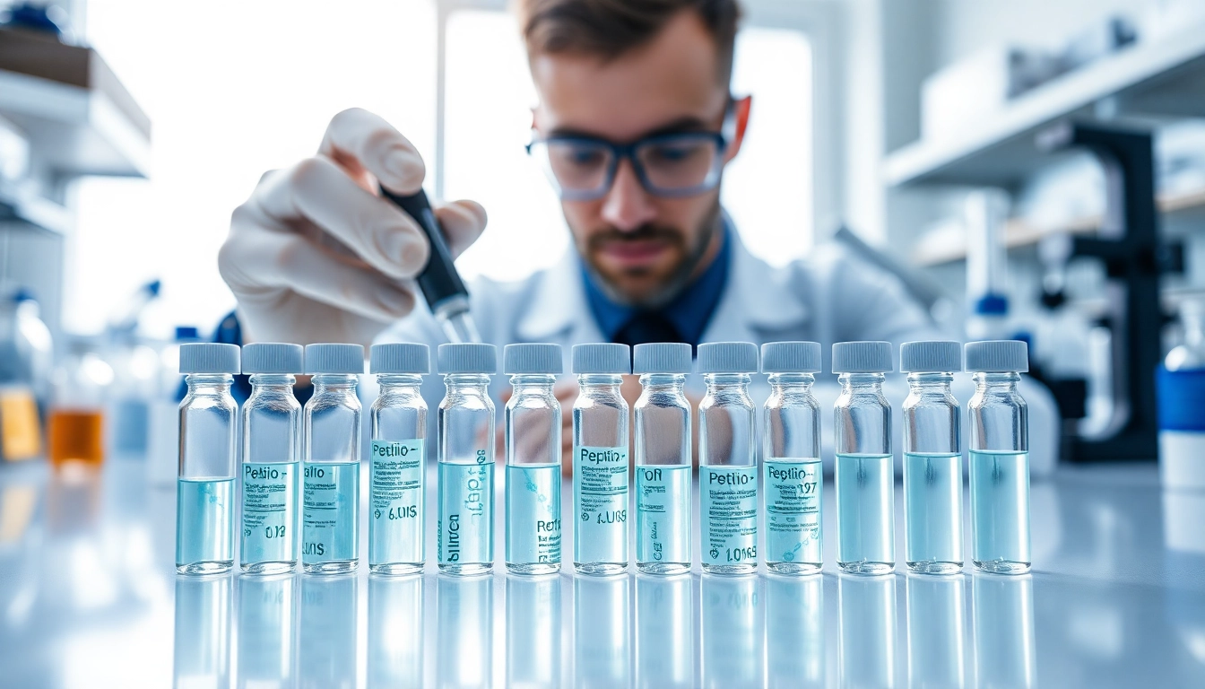 Reviewing peptide shop reviews in a modern lab with vials and research samples.