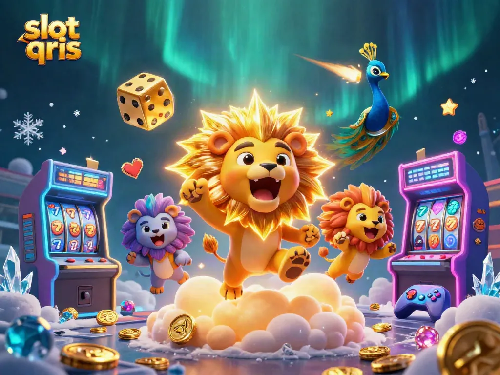 Win big with slot qris in this vibrant casino-themed 3D illustration showcasing slot reels and exciting game elements.