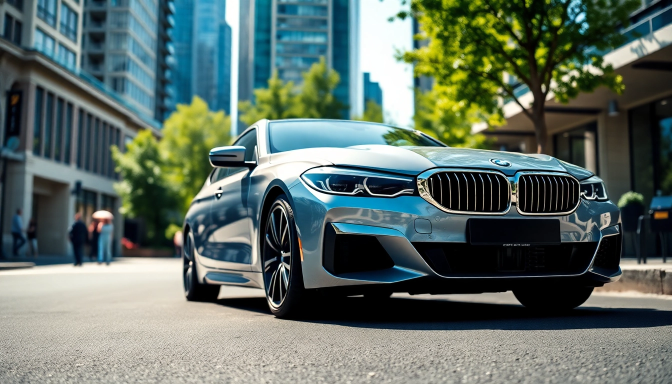 Spotlight on a sleek Luxury BMW car parked in an urban setting, showcasing its modern design.