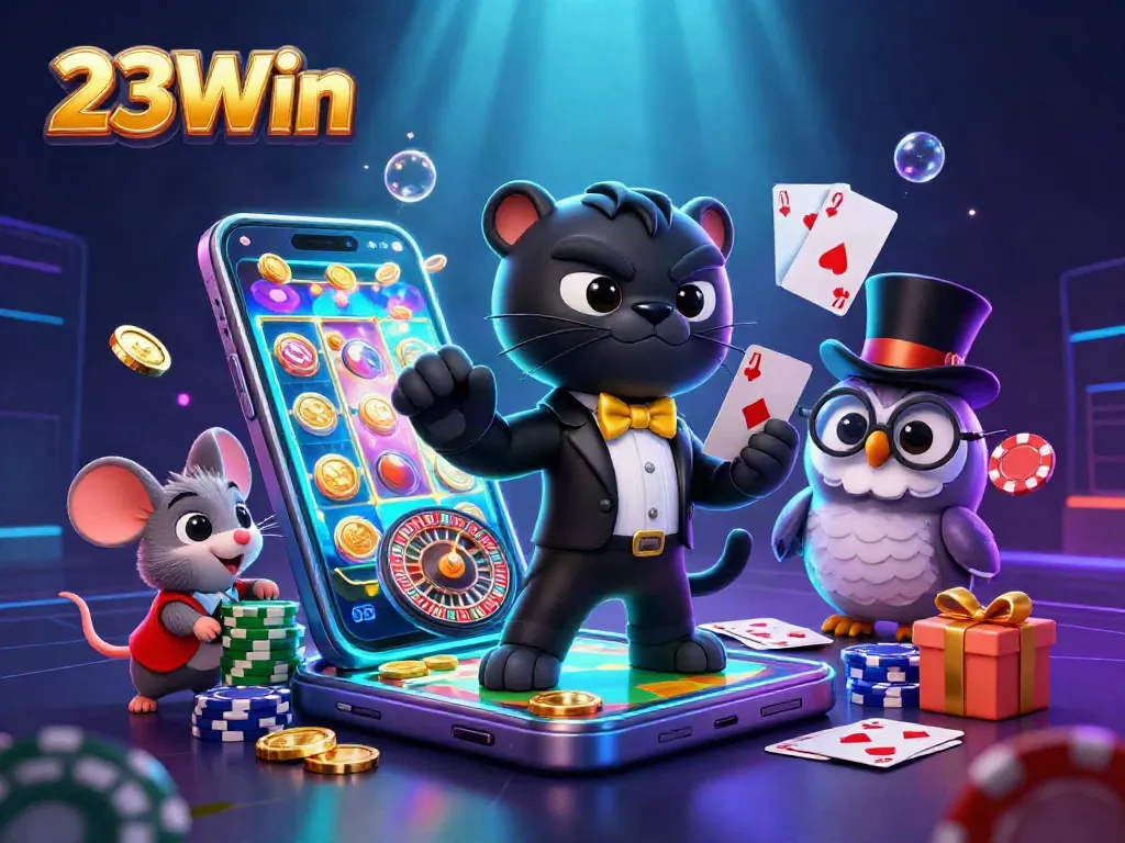 Experience the thrill of 23Win with a stylish panther, wise owl, and lucky mouse at the casino.