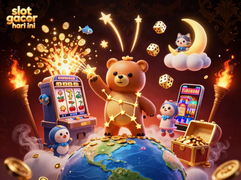 The slot gacor hari ini image features a bear, stars, and coins, symbolizing big wins in an exciting casino atmosphere.