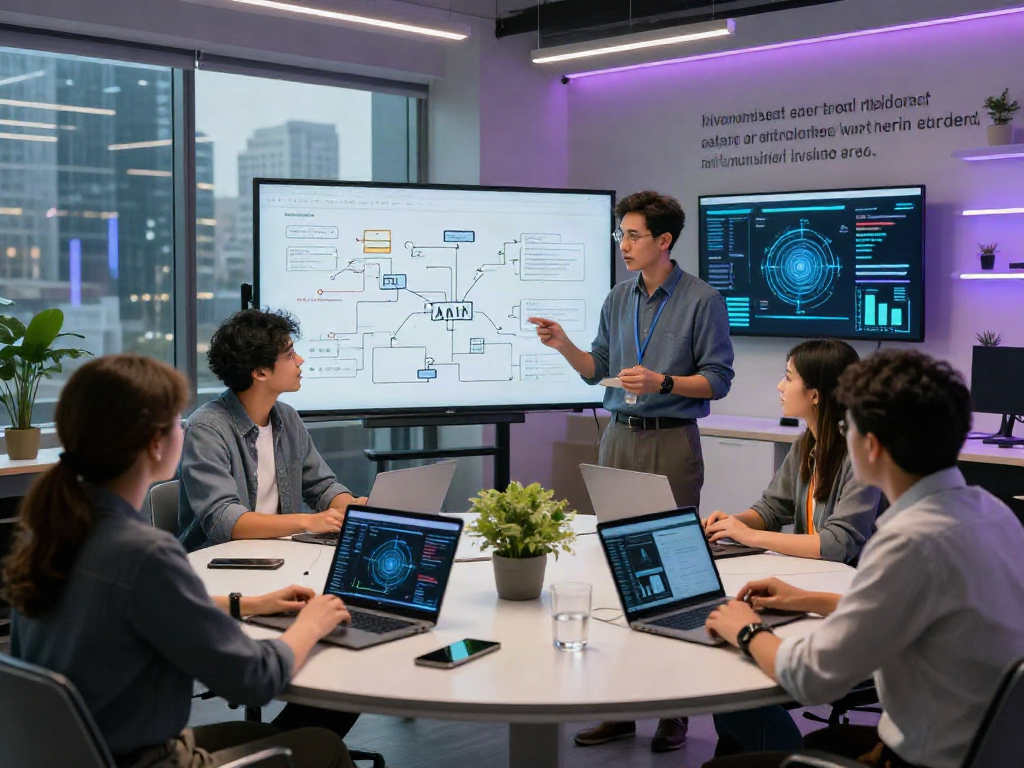 Dynamic team collaboration scene showcasing crush on ai in an innovative tech office.