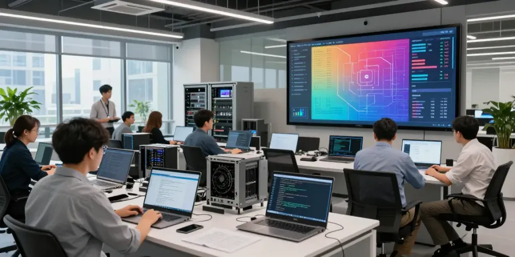 Engineers collaborating in AI infrastructure, showcasing real-time GPU metrics and AI inference workloads.