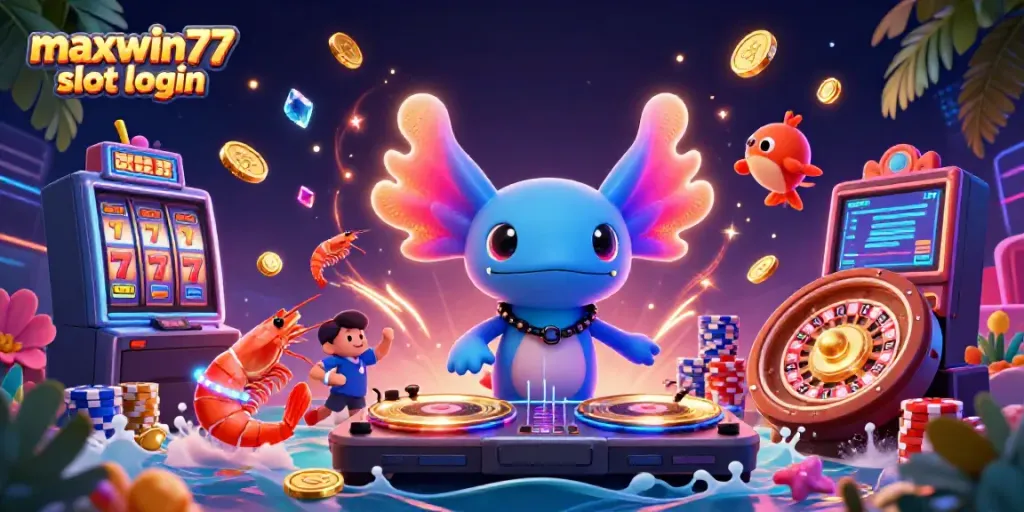 Experience the excitement of maxwin77 slot login with vibrant 3D casino characters and game elements.