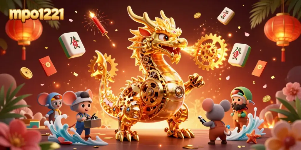 Engage in thrilling experiences at mpo1221 with a dynamic dragon and festive casino elements.