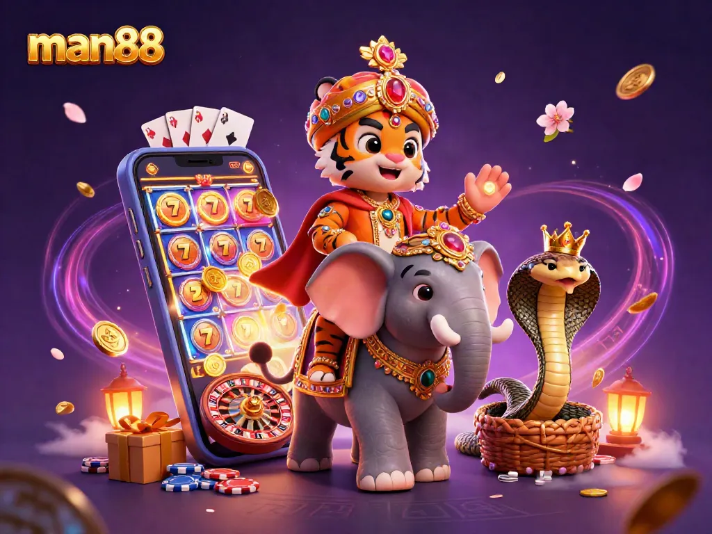 Play exciting games at man88, featuring a colorful slot game and lucky symbols.