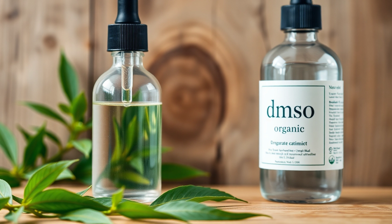 Highlight the purity of dmso organic with this close-up of an elegant bottle and natural elements.