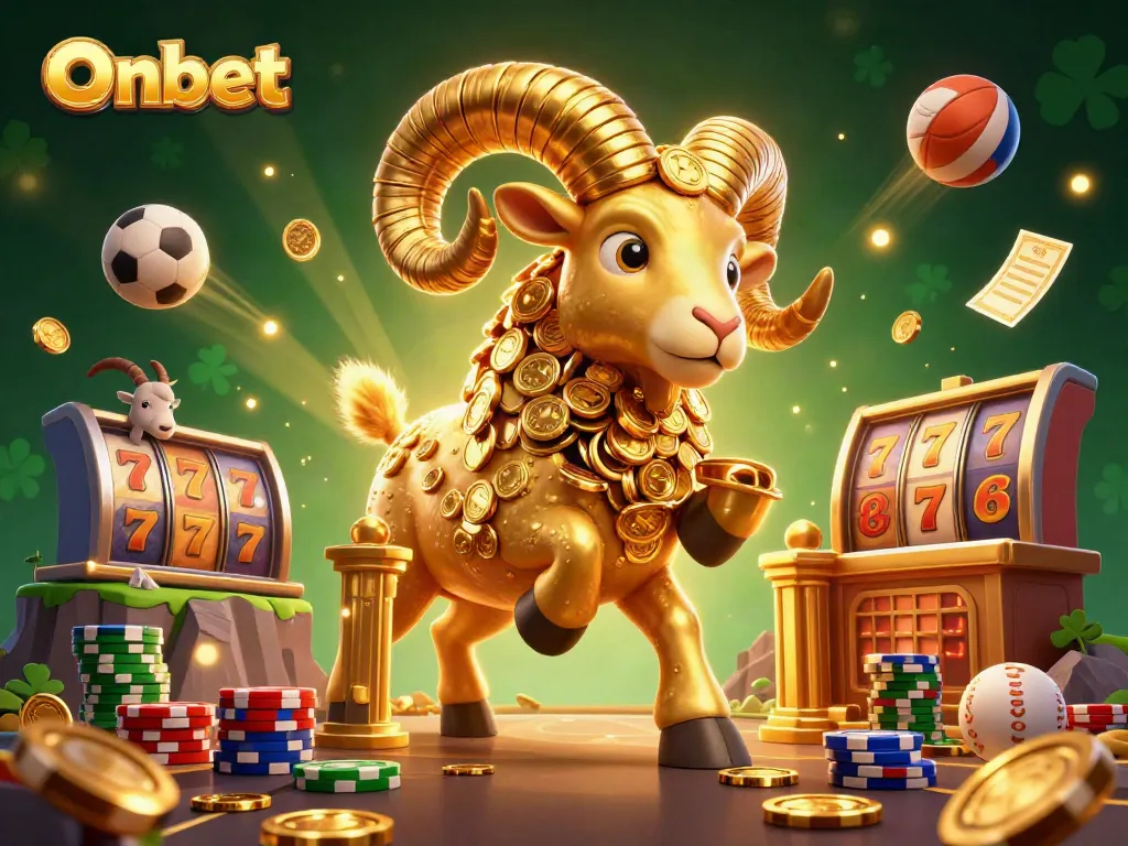 Experience Onbet's thrilling casino adventure with a charging golden ram amidst vibrant slot elements and gold coins.