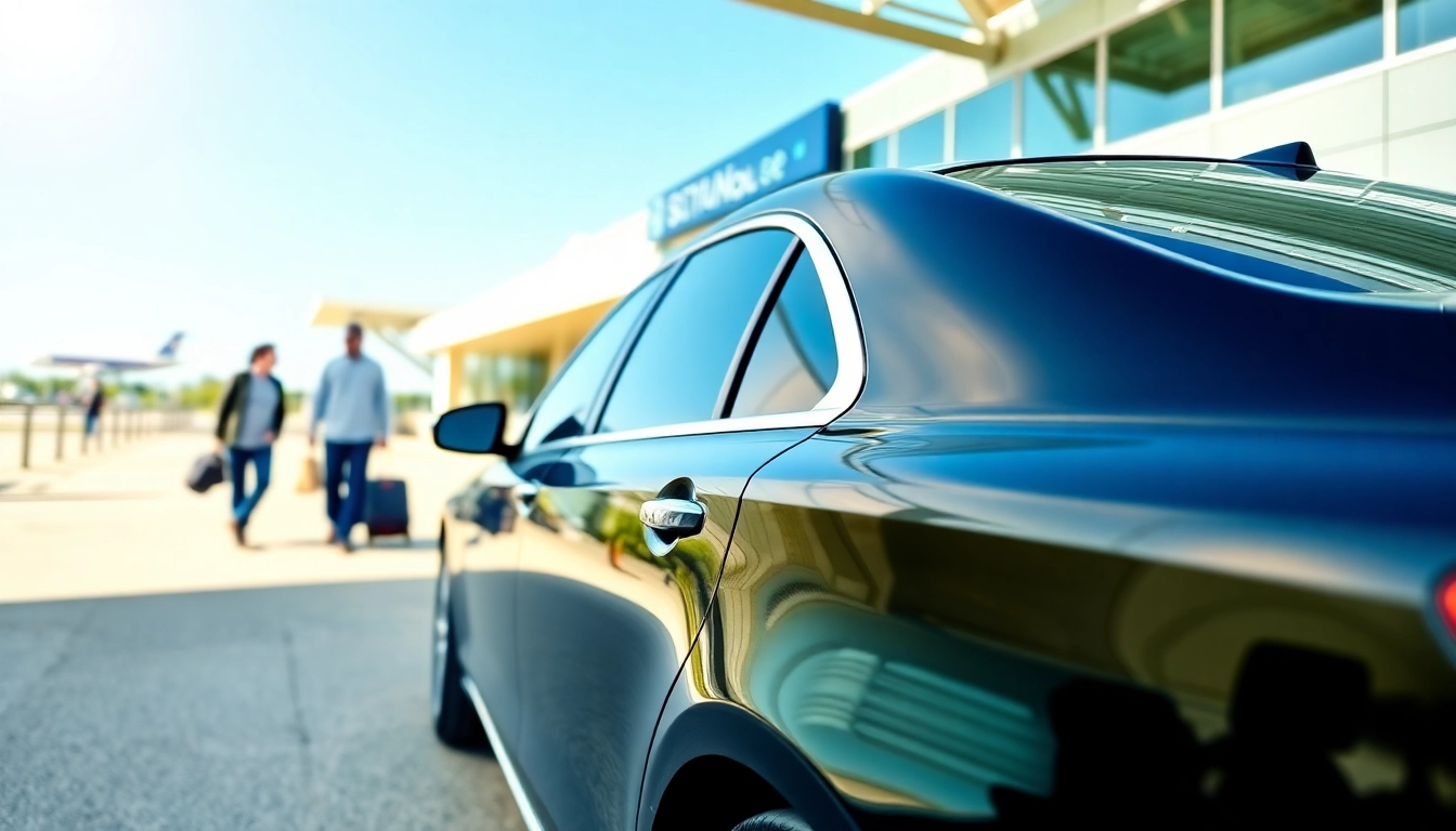Experience Boston Logan airport car service with a sleek black sedan at the airport terminal.