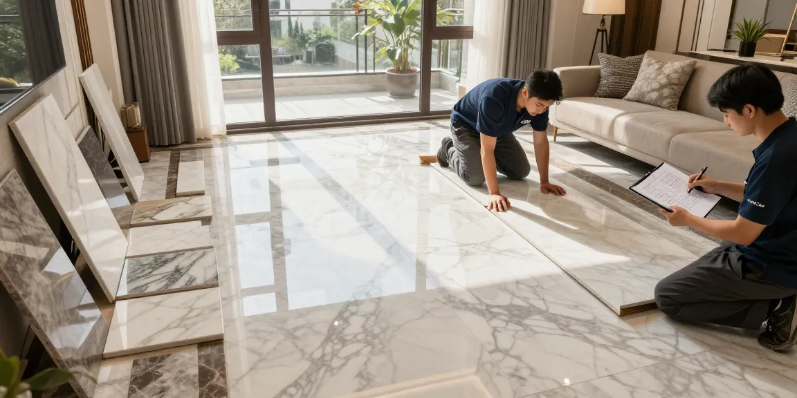NAGA2000 expert technician installing premium marble flooring in a modern home setting.