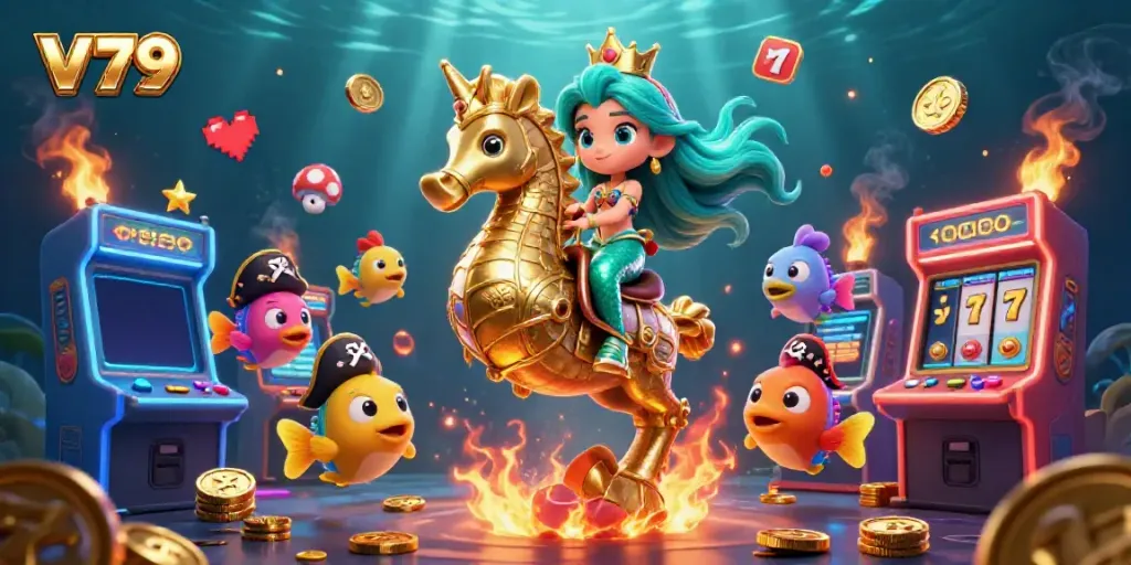 Experience thrilling moments at V79 with a mermaid princess and her seahorse in a vibrant casino underwater scene.