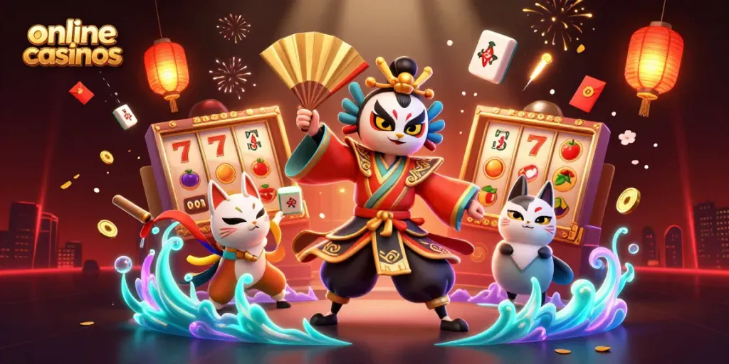 Engage in thrilling slots with 3D kabuki characters amidst floating mahjong tiles representing online casinos.