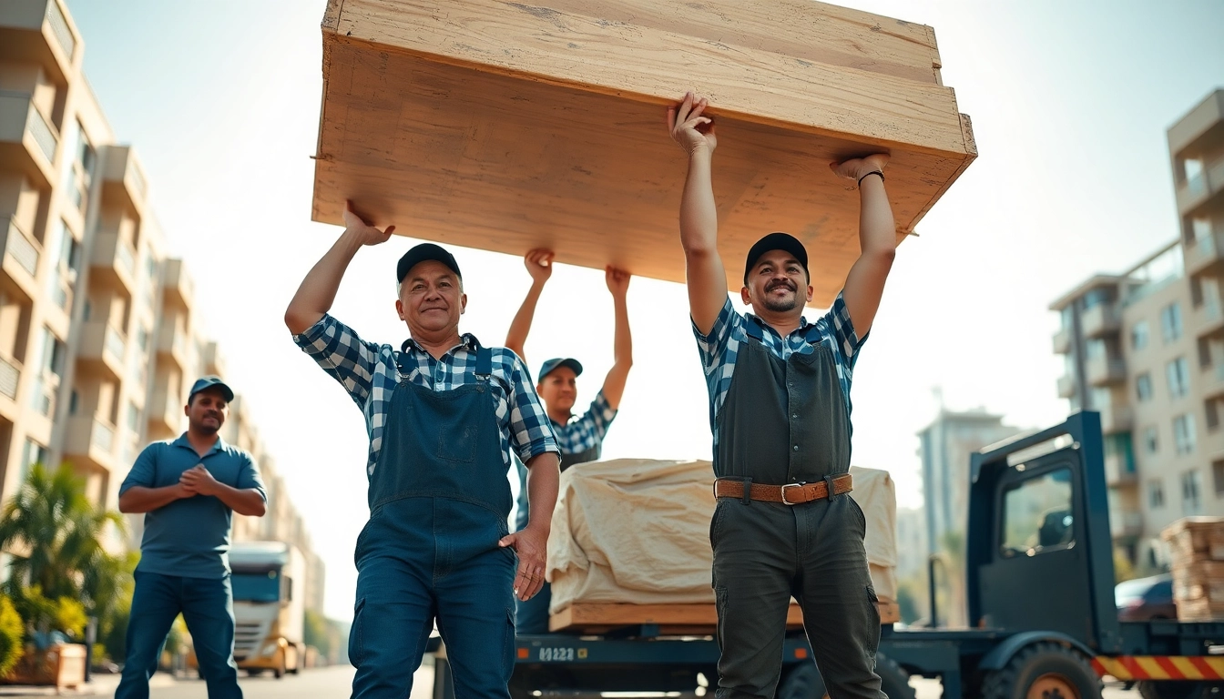 Workers engaged in hauling heavy items, showcasing teamwork and effort with a bright, professional atmosphere.