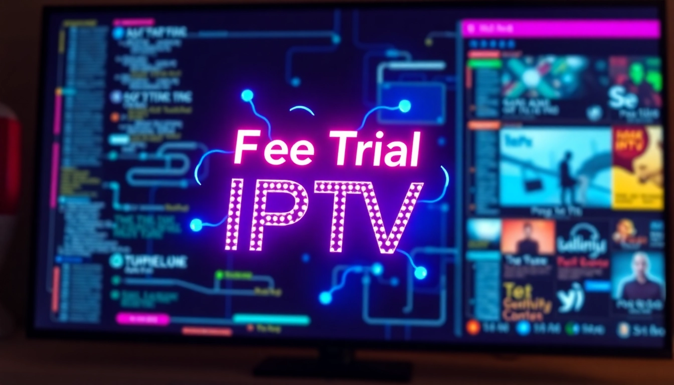 Catchy visual promoting free trial iptv service with vibrant design and technology theme.