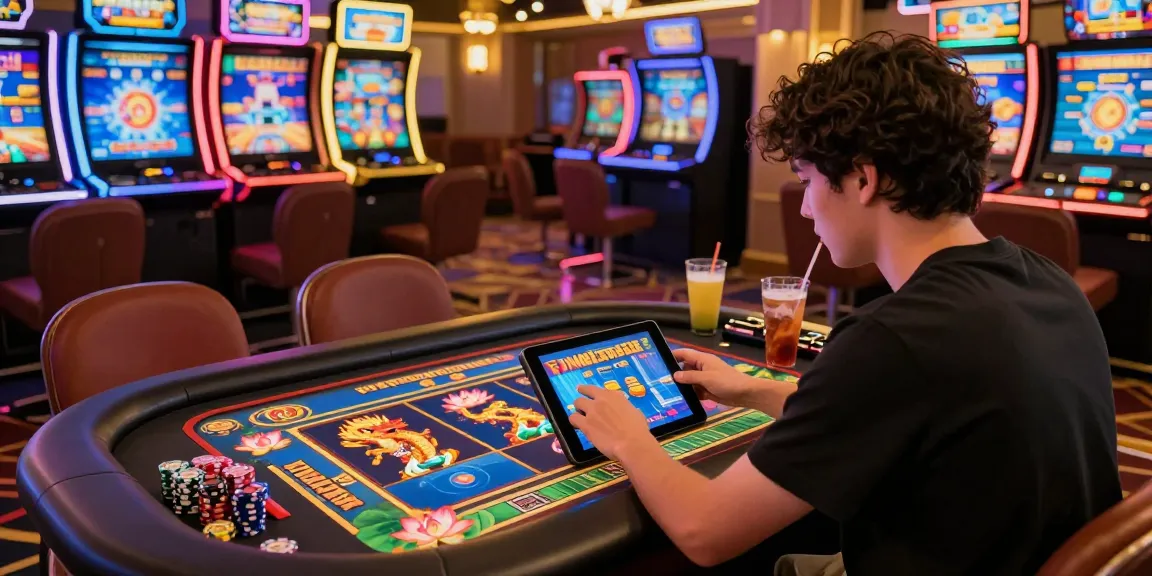 Engaging player enjoying Slot MAHJONGJP88 in a lively online casino scene.