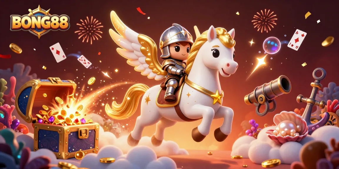 BONG88 captivates players with a vibrant 3D scene featuring a celestial horse and magical gambling elements.