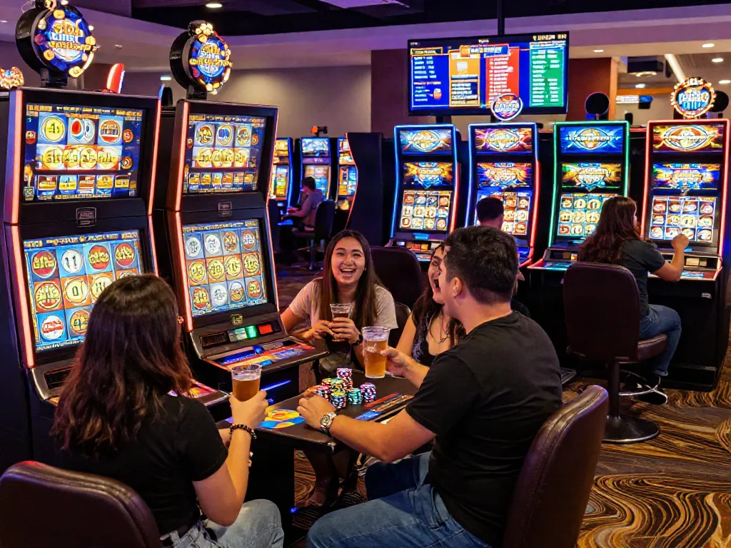 Group enjoying slot gacor games in a lively casino atmosphere.