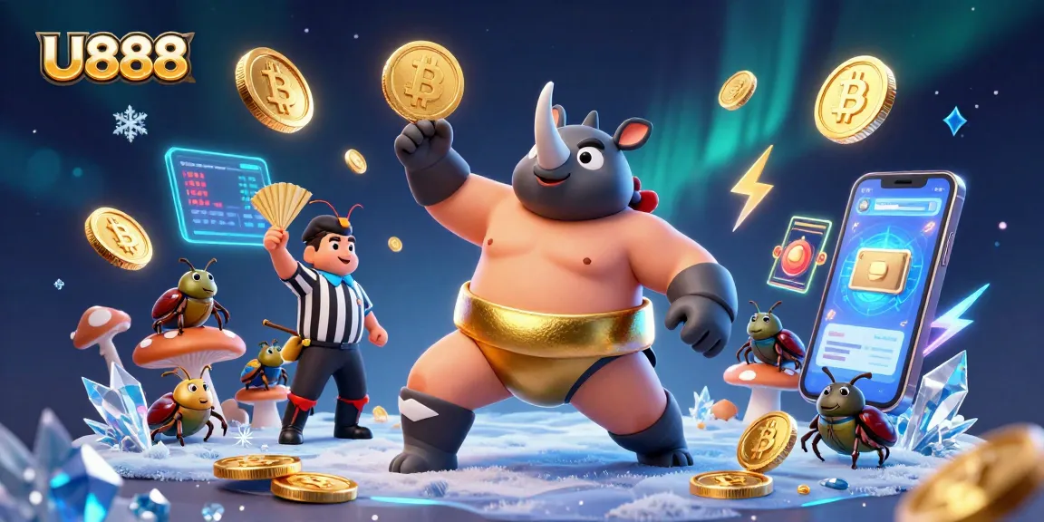 U888 showcases a dynamic scene with a sumo beetle champion sending coins flying in a vibrant casino.