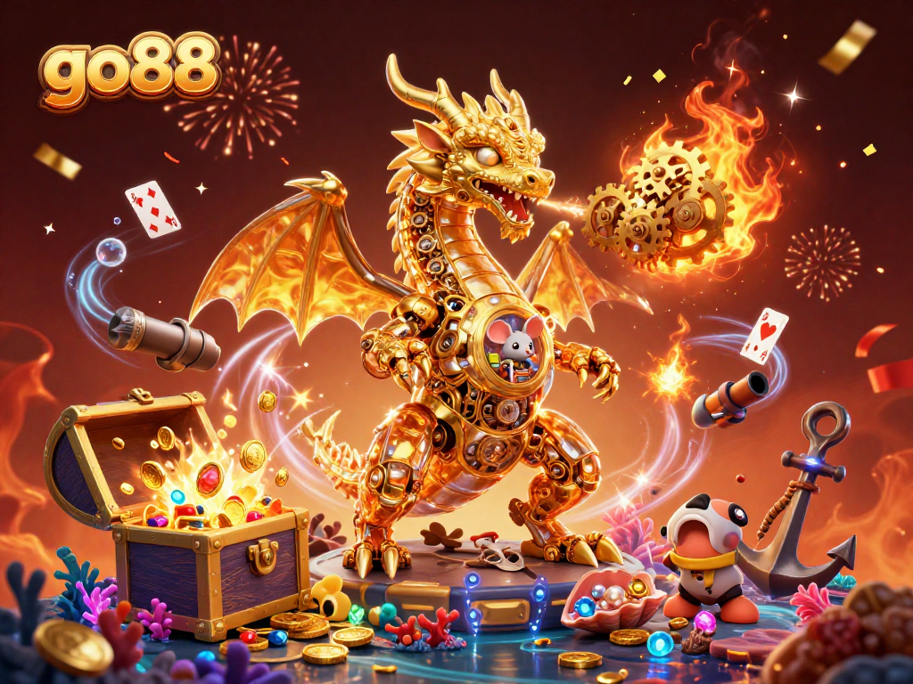 Experience the excitement of go88 with golden treasures and captivating characters in this vibrant casino-themed illustration.