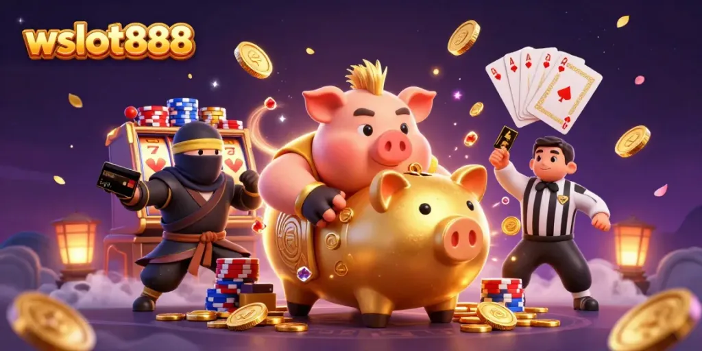 Slot permainan menarik dengan wslot888 dan karakter unik dalam ilustrasi 3D.