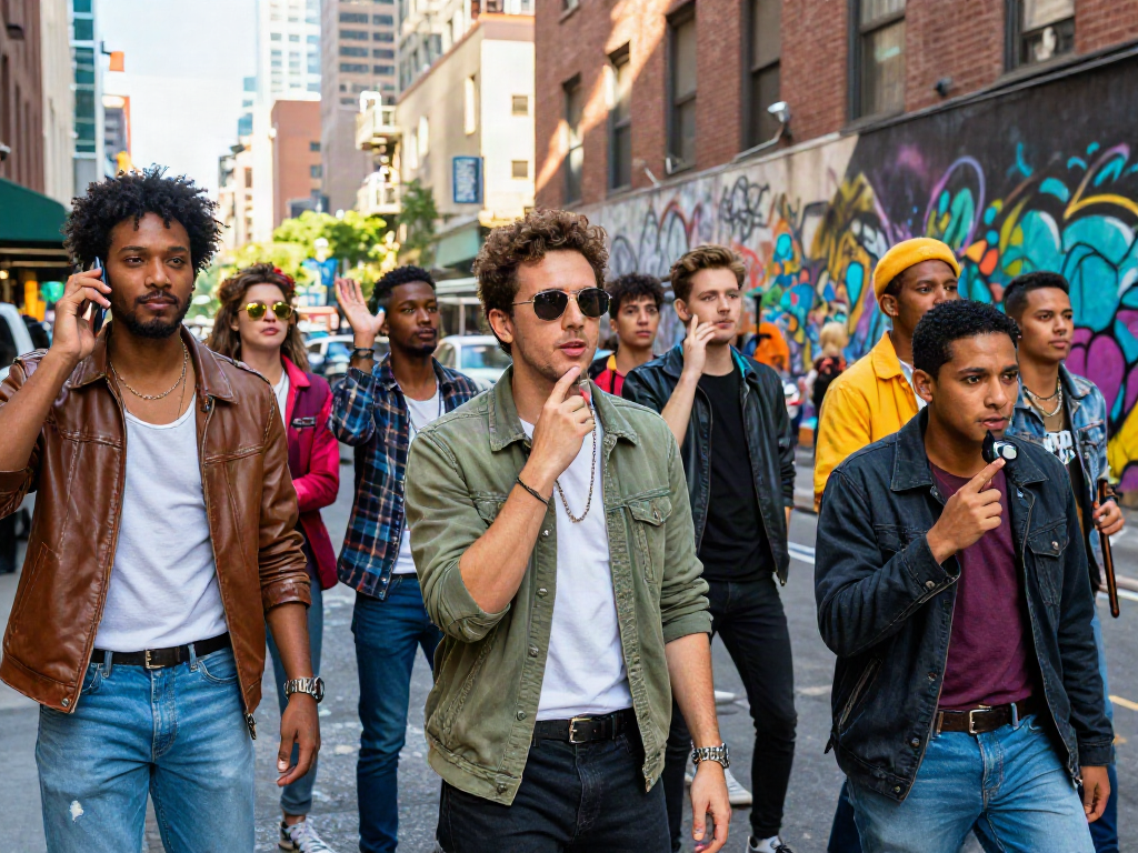 People showcasing celebrities look alike styles in an urban setting with vibrant colors.