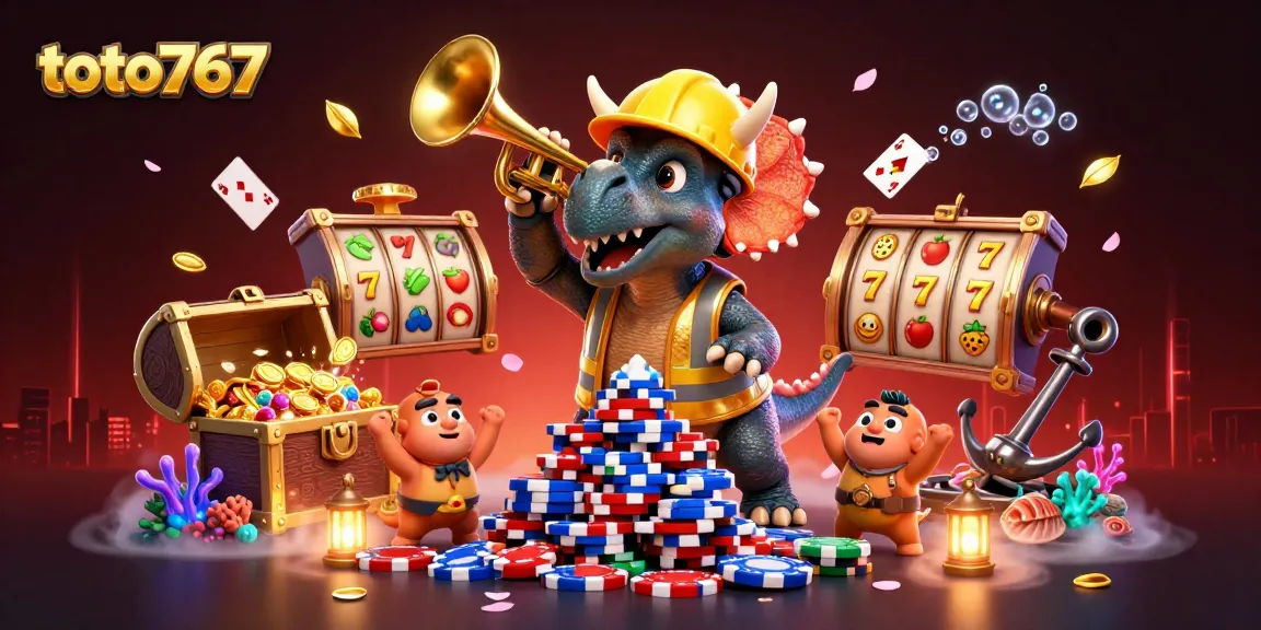 Nikmati keseruan bermain toto767 dengan berbagai simbol slot dan karakter kartun dalam ilustrasi 3D yang meriah.