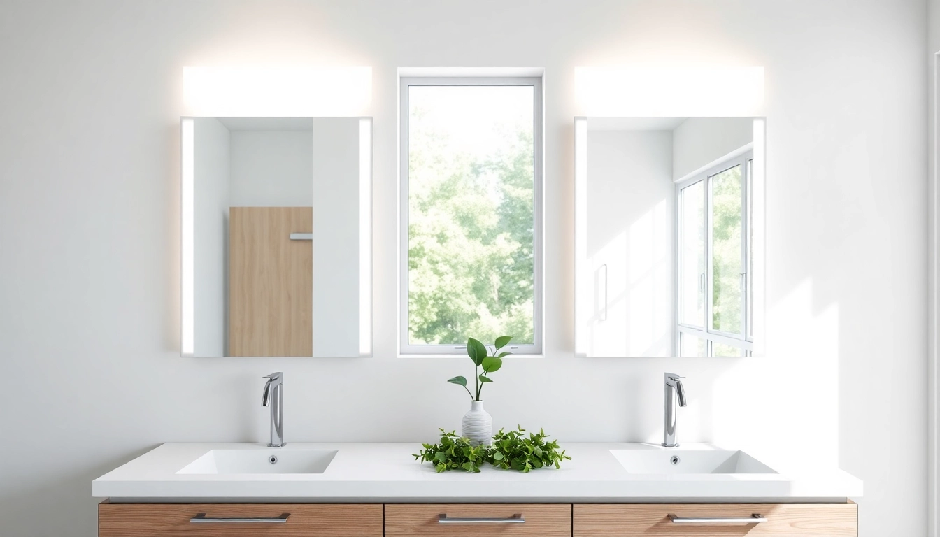 Elegante badezimmer spiegelschränke beleuchtung in einem modernen Bad mit natürlichem Licht.
