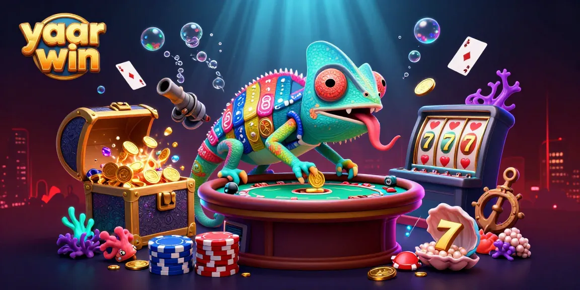 This vibrant 3D illustration of yaar win highlights a dynamic casino scene with a chameleon owner capturing coins.